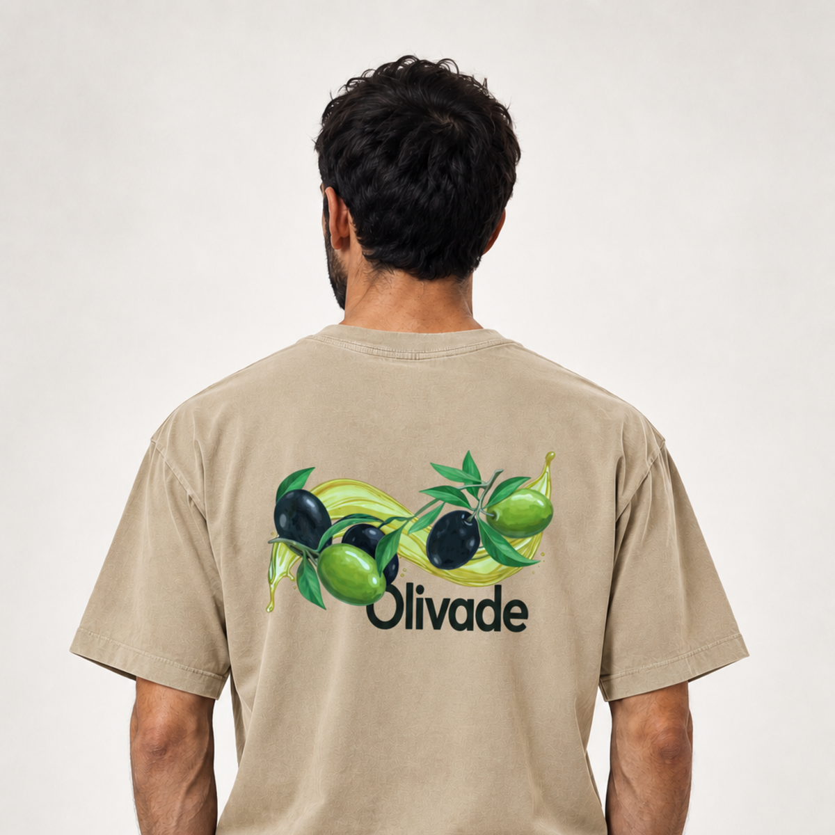 Olivade Sand worn, back view — relaxed fit
